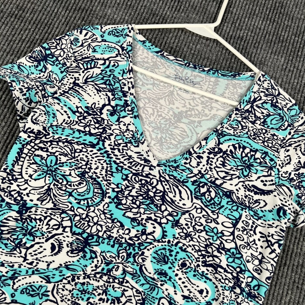 Lilly Pulitzer Shirt Womens Medium Blue Graphic Short Sleeve Casual Comfort